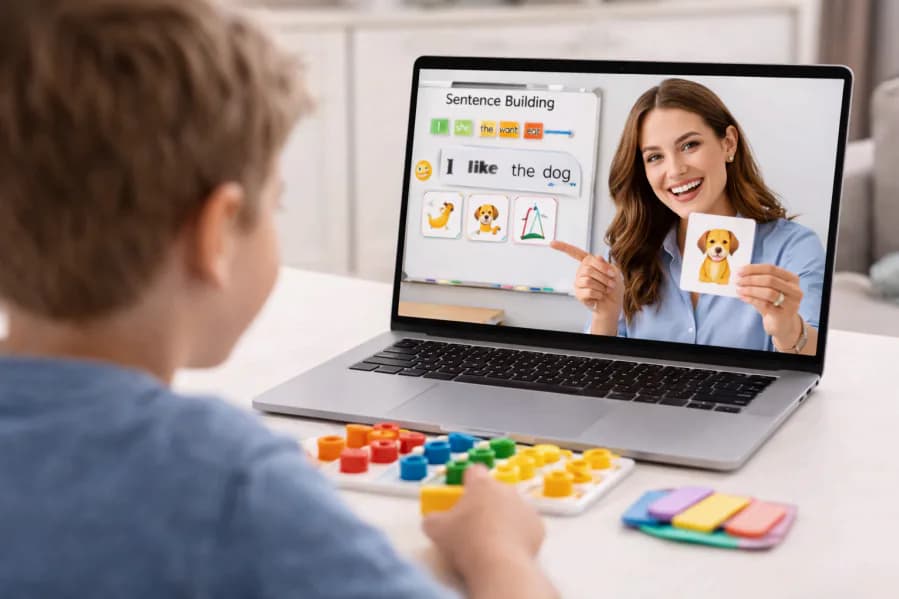 Child in an interactive virtual therapy session with therapist on screen