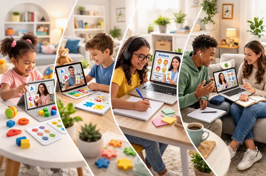 Children and teens in virtual therapy sessions